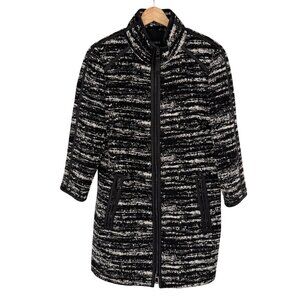 Carlisle Womens Black Tweed Coat jacket Zip wool blend leather trim Size 12